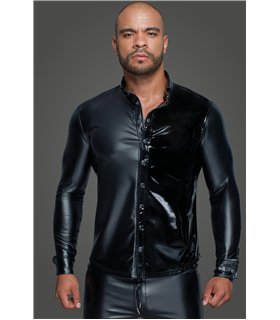Long-sleeved Powerwetlook & PVC shirt with button placket - 3XL