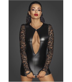 Short Powerwetlook dress with lace sleeves - 3XL