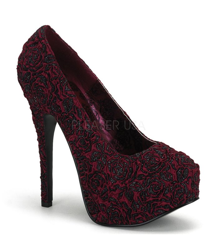 Plateau Pumps TEEZE 39 Burgund Satin mit Rosenmuster von Bordello Retro Plateau Pumps Teeze 20: : Schuhe