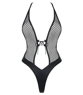 Verführerischer Wetlook Body DDTetyda001 mit Schnürung in Schwarz | Demoniq