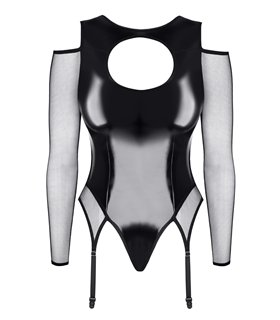 Schwarzer Straps-Body TDTrude001 mit langen Ärmeln und Dekolleté-Ausschnitt | Demoniq