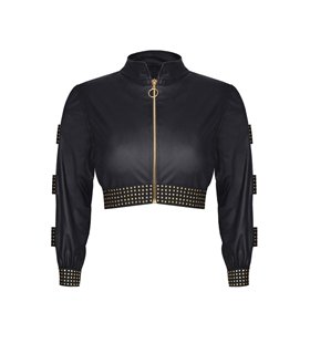 Schwarze Wetlook Kurz-Jacke CBMartha001 im 90er Style | Demoniq