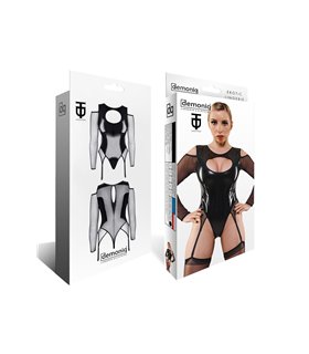 Schwarzer Straps-Body TDTrude001 mit langen Ärmeln und Dekolleté-Ausschnitt | Demoniq