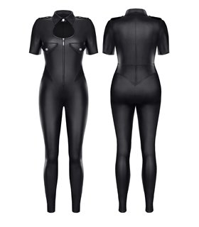 Militär Wetlook Catsuit TDMitsuko001 - Schwarzer Jumpsuit mit Reißverschluss | Demoniq