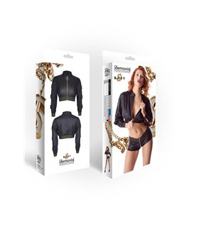 Schwarze Wetlook Kurz-Jacke CBMartha001 im 90er Style | Demoniq