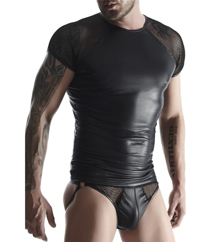 Transparentes Netz-T-Shirt mit glänzendem Wetlook-Akzent | Regnes Fetish Planet