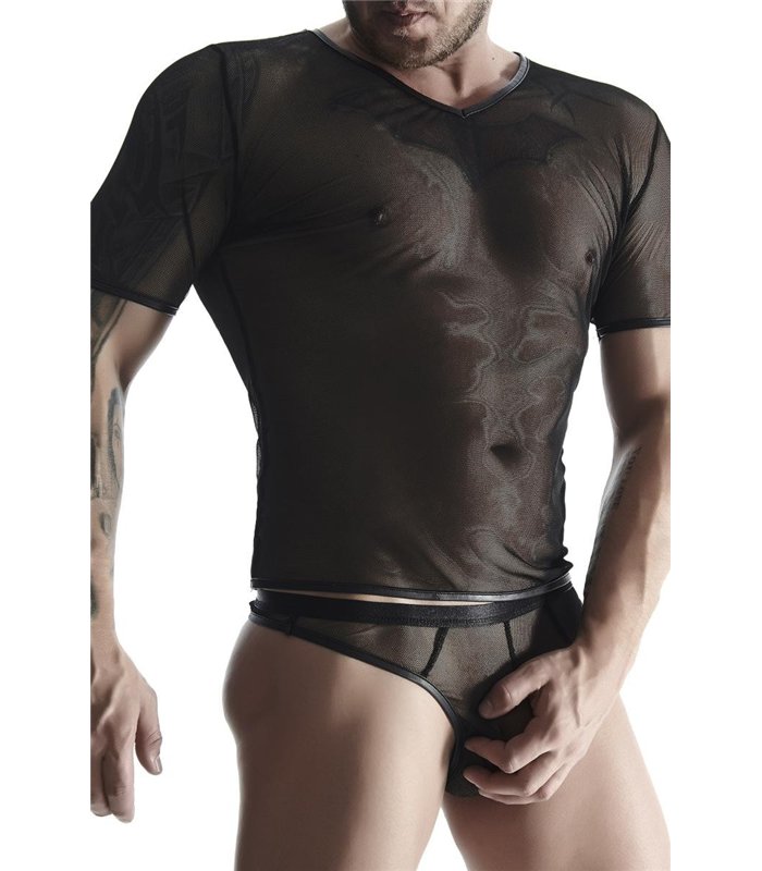 Transparentes Netz-T-Shirt mit mattem Wetlook-Saum | Regnes Fetish Planet