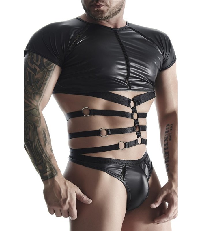 Transparentes Wetlook-Shirt mit Netzeinsätzen und Metalldetails | Regnes Fetish Planet