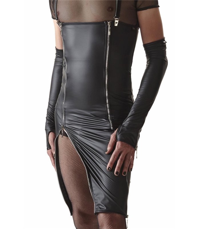 Wetlook-Kleid mit Reißverschlüssen und abnehmbaren Hosenträgern | Regnes Fetish Planet