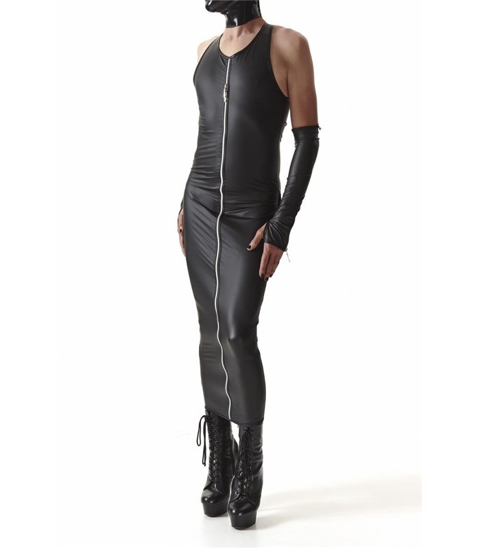 Langes Wetlook-Kleid mit Reißverschlüssen und Metallringen | Regnes Fetish Planet