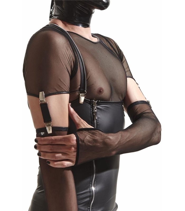 Netzstoff-Armstulpen mit Wetlook-Kante und Metallclips | Regnes Fetish Planet
