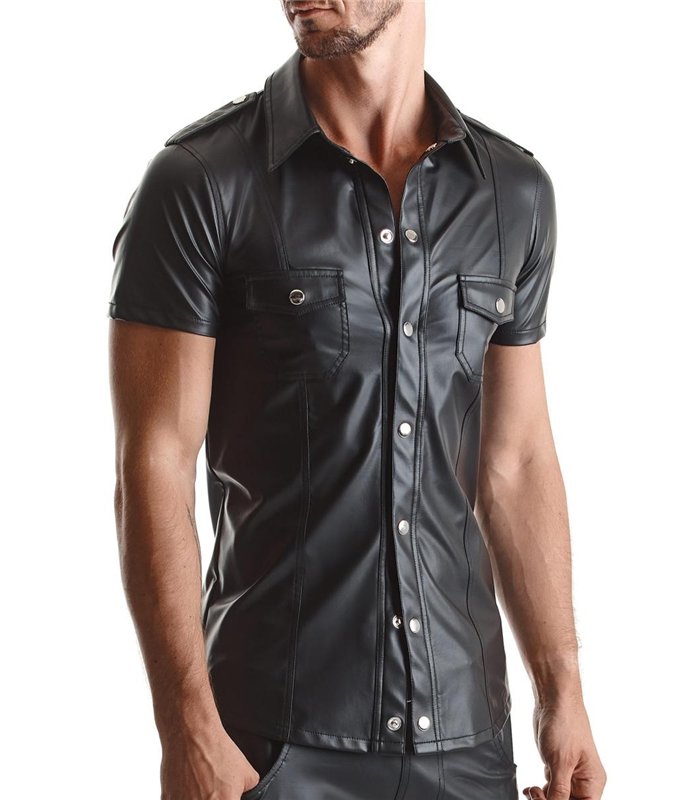 Herren Wet-Look Hemd mit Stehkragen und Metallknöpfen | Regnes Fetish Planet