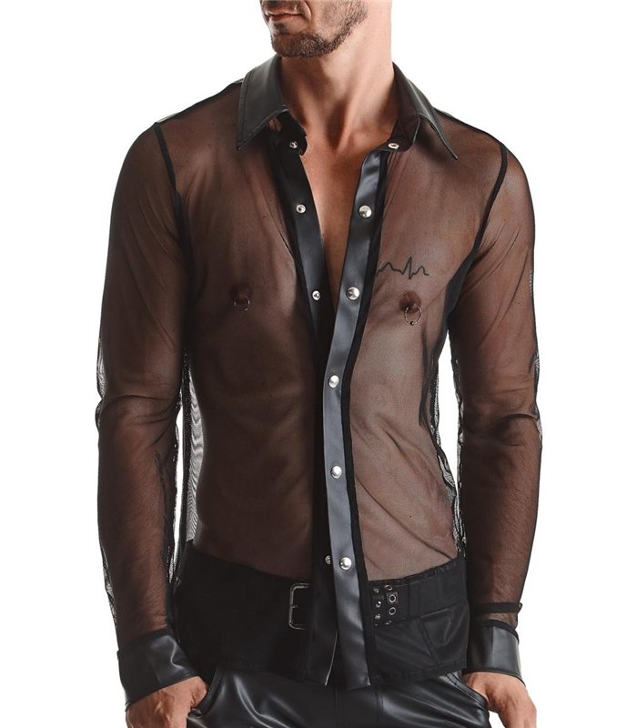 Herren Slim-Fit Hemd aus Wetlook-Mesh mit Metallknöpfen | Regnes Fetish Planet