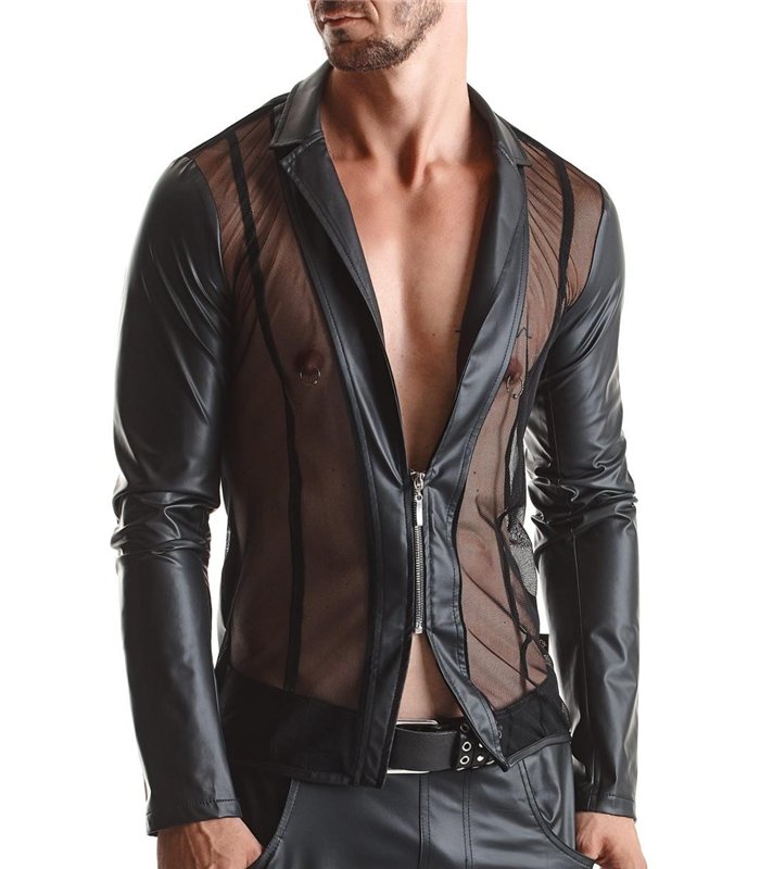 Extravagante Mesh-Jacke mit Wetlook-Elementen und vertikalen Linien | Regnes Fetish Planet