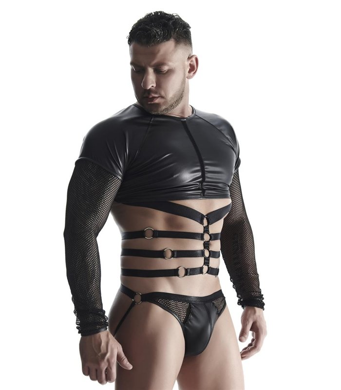 Transparentes Langarm-Netzshirt mit dehnbarem Harness-Einsatz | Regnes Fetish Planet