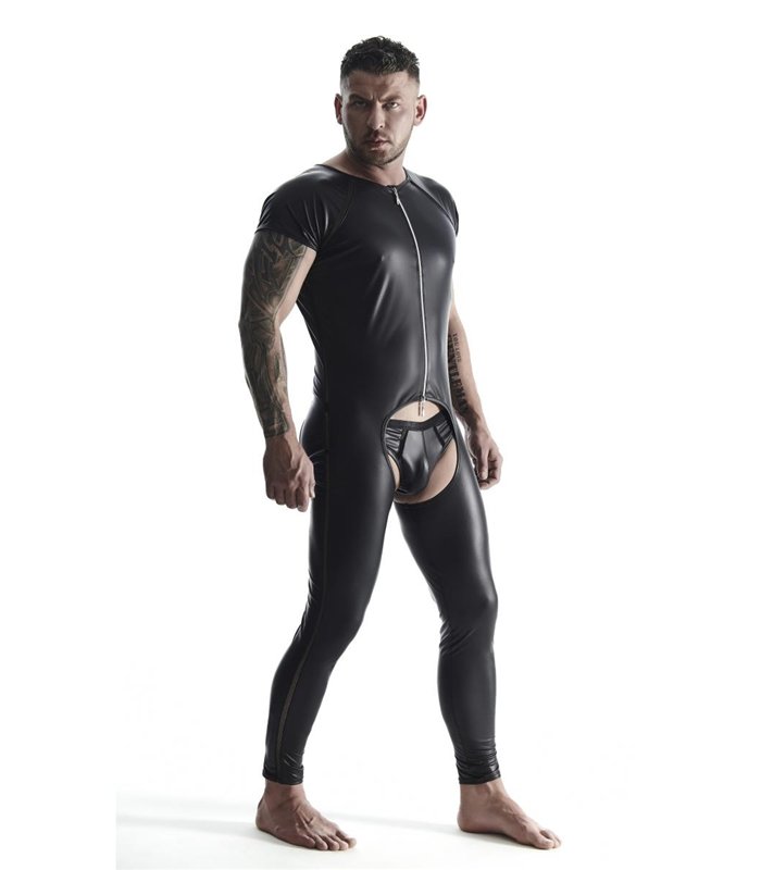 Herren Overall mit Reißverschluss und offenem Schritt aus Wetlook-Material | Regnes Fetish Planet