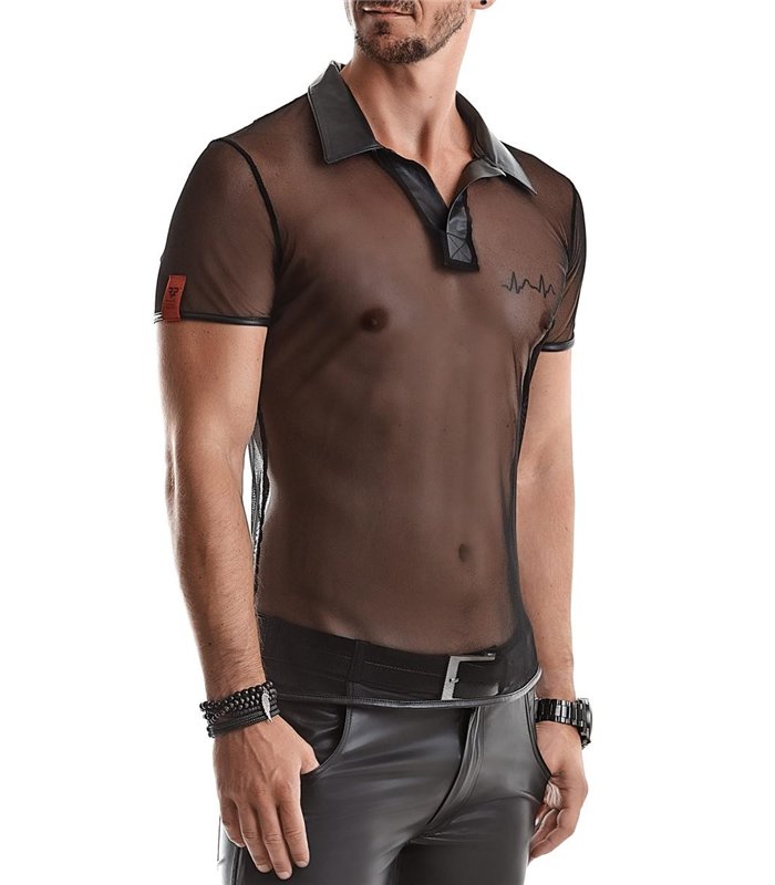 Transparentes Herren Mesh Poloshirt mit vertikalen Steppnähten | Regnes Fetish Planet
