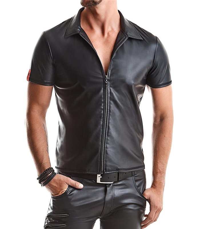 Wetlook-Poloshirt mit Reißverschluss und Ziernähten | Regnes Fetish Planet