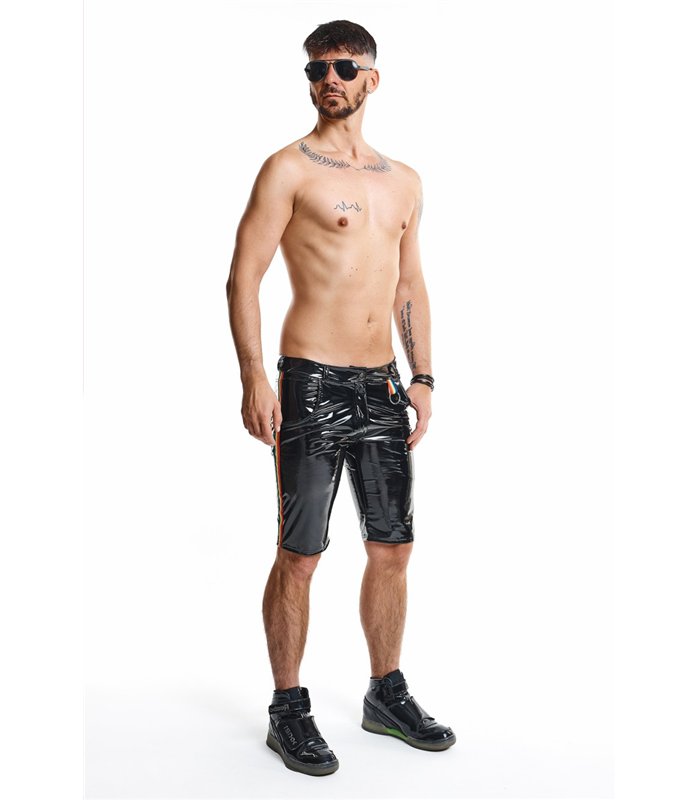 Herren Lack-Shorts mit Regenbogen-Akzent und Taschen | Regnes Fetish Planet