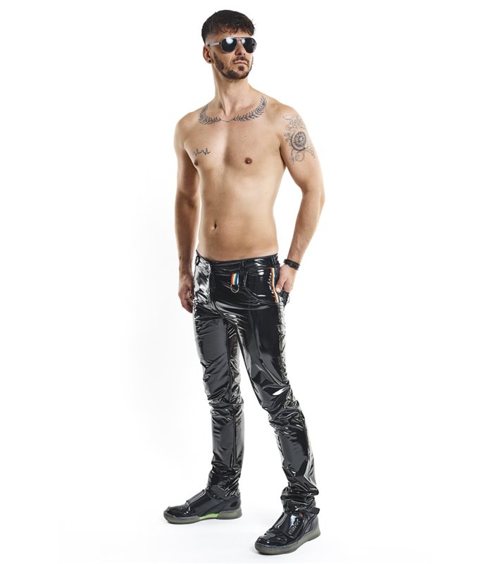 Herren Lack-Hose mit Taschen und Regenbogen-Akzent | Regnes Fetish Planet