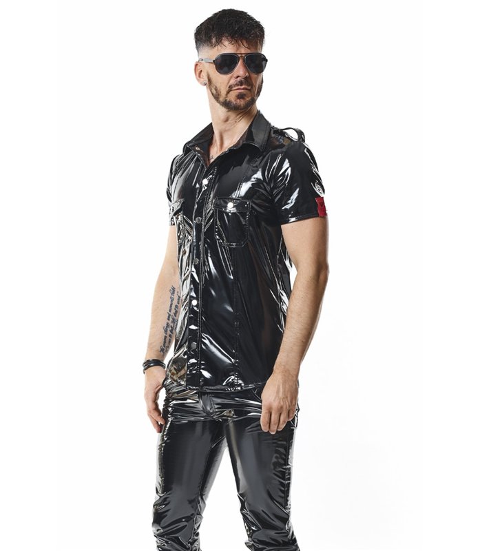 Herren Military PVC Hemd Slim Fit mit Druckknöpfen | Regnes Fetish Planet