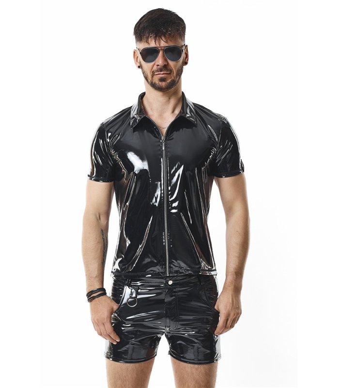 Herren Poloshirt aus glänzendem Lack-Optik Material | Regnes Fetish Planet