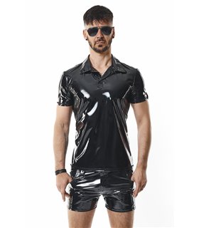 Poloshirt aus glänzendem Lack-Stoff mit vertikalen Designnähten | Regnes Fetish Planet Poloshirt aus glänzendem Lack-Stoff mit vertikalen Designnähten | Regnes Fetish Planet