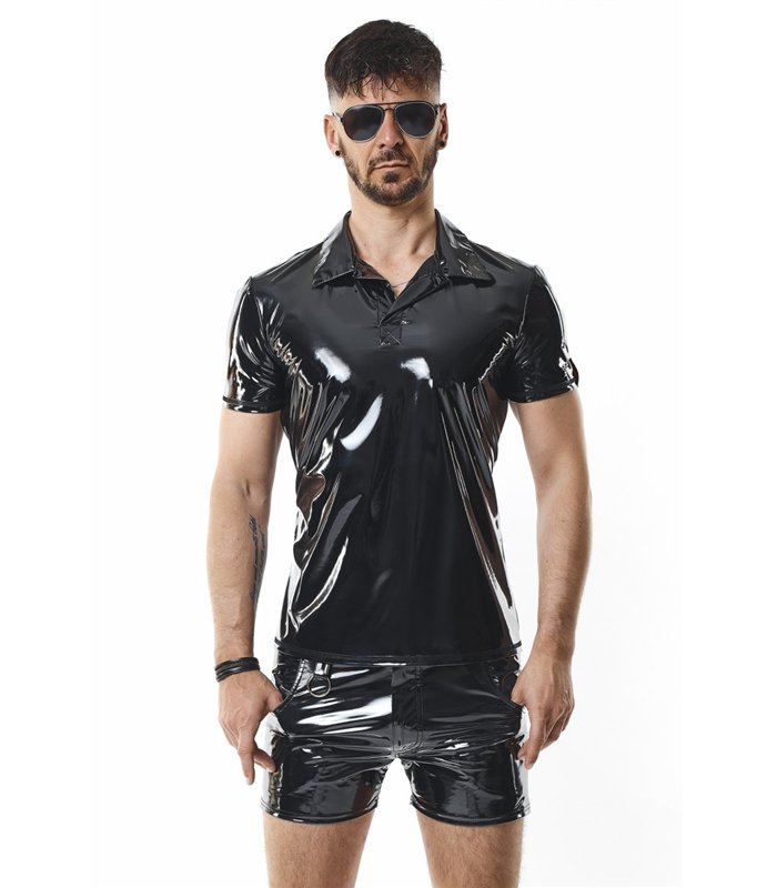 Poloshirt aus glänzendem Lack-Stoff mit vertikalen Designnähten | Regnes Fetish Planet