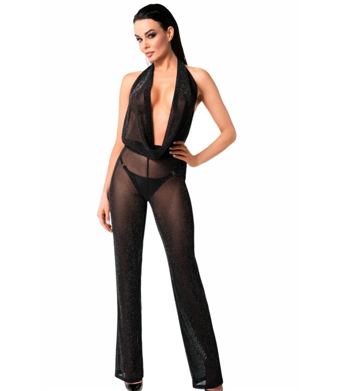 Neckholder Bodystocking mit transparentem Netzmaterial und Wasserfallausschnitt | Noir Handmade