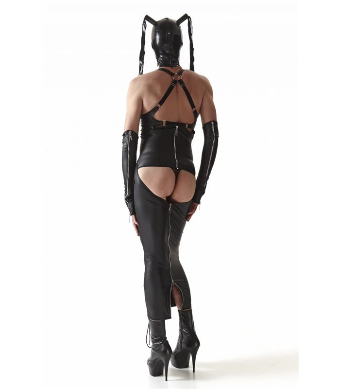 Langes Wetlook-Kleid mit Reißverschlüssen und Metallringen | Regnes Fetish Planet