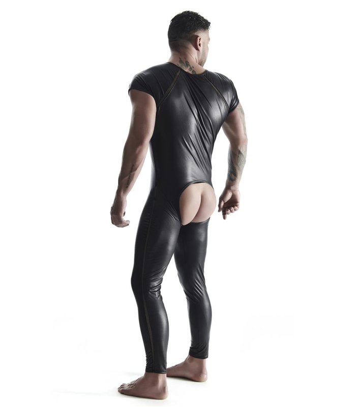 Herren Overall mit Reißverschluss und offenem Schritt aus Wetlook-Material | Regnes Fetish Planet