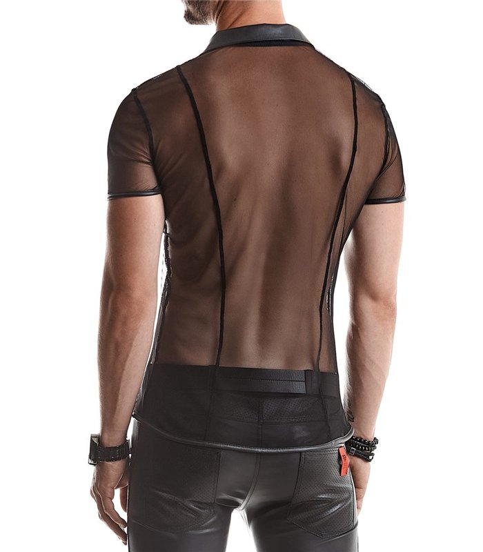 Transparentes Herren Mesh Poloshirt mit vertikalen Steppnähten | Regnes Fetish Planet