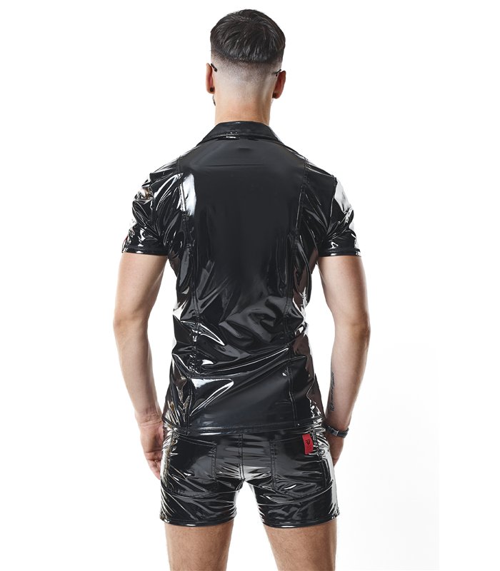 Poloshirt aus glänzendem Lack-Stoff mit vertikalen Designnähten | Regnes Fetish Planet