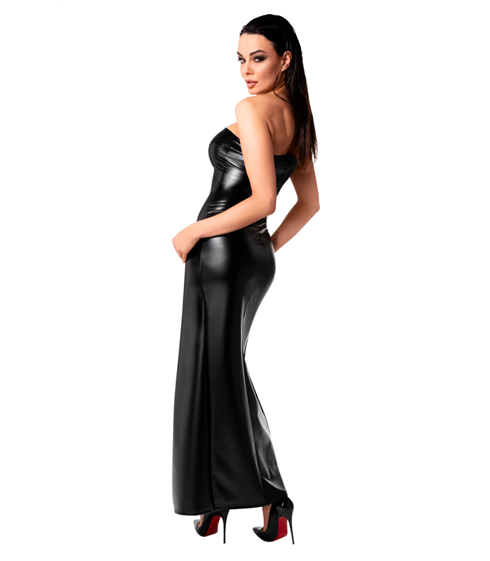 Langes Wetlook Kleid mit seitlichem Schlitz und Reißverschluss | Noir Handmade