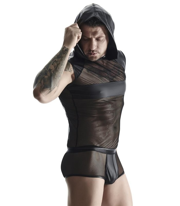 Transparentes Netz-Kapuzen-Shirt mit Wetlook-Optik | Regnes Fetish Planet