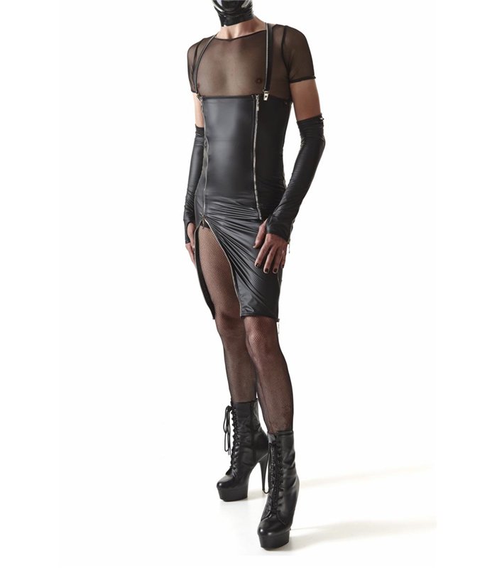 Wetlook-Kleid mit Reißverschlüssen und abnehmbaren Hosenträgern | Regnes Fetish Planet