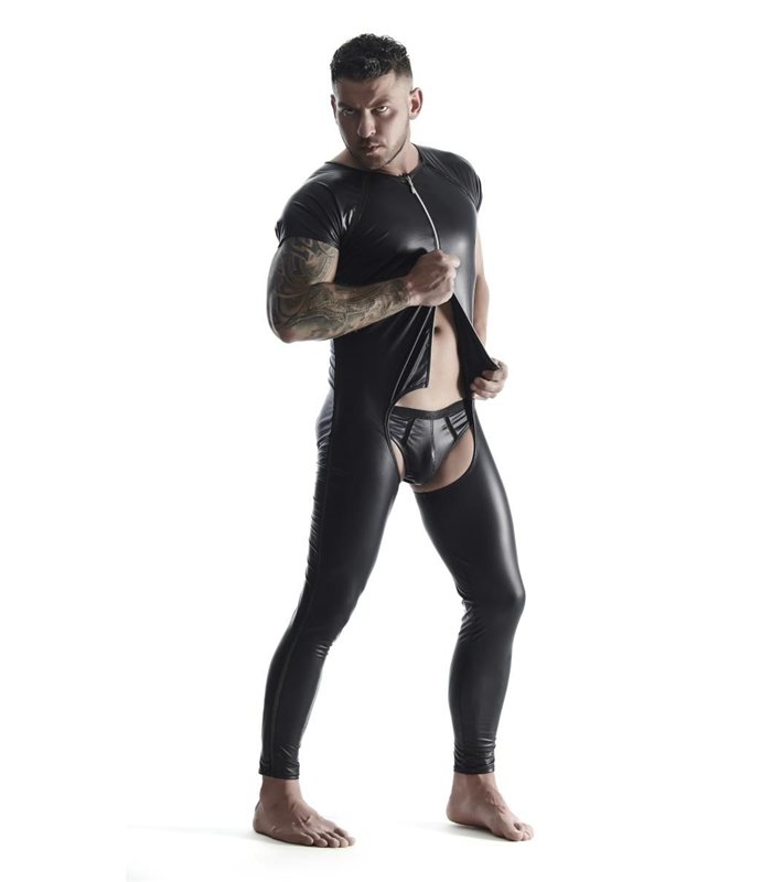 Herren Overall mit Reißverschluss und offenem Schritt aus Wetlook-Material | Regnes Fetish Planet