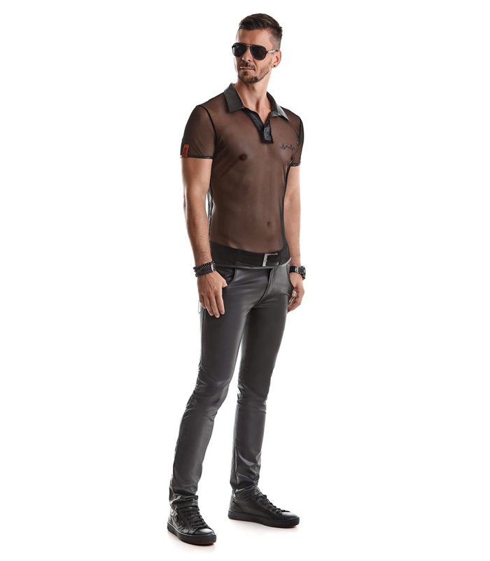 Transparentes Herren Mesh Poloshirt mit vertikalen Steppnähten | Regnes Fetish Planet