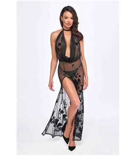 Langes transparentes Netzkleid mit Samtkragen und Beinschlitz | Noir Handmade