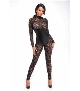 Langärmeliger Spitzen-Catsuit mit Wetlook-Unterbrustmieder | Noir Handmade