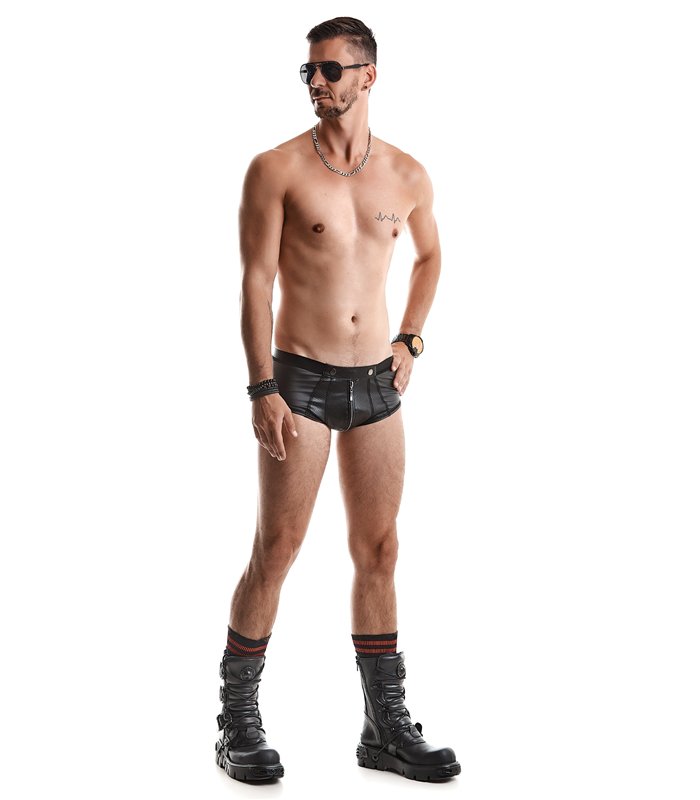Herren Wetlook Shorts mit Reißverschluss und Druckknöpfen | Regnes Fetish Planet