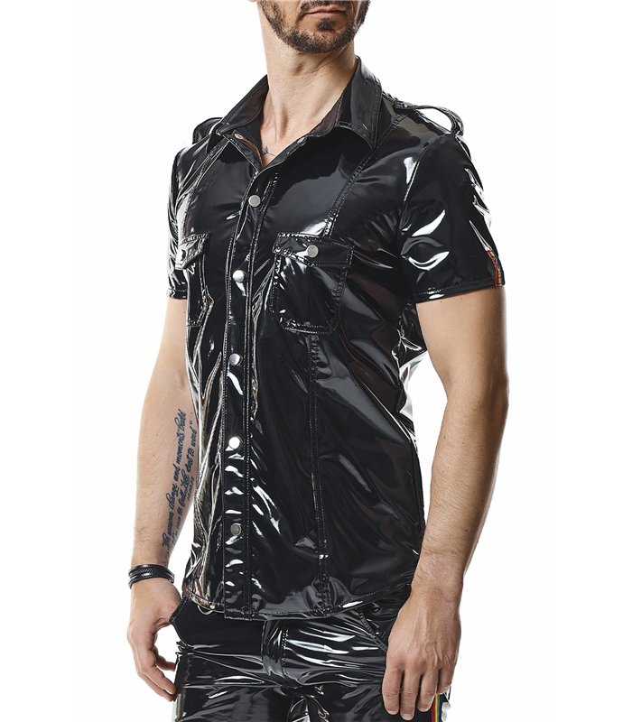 Military Hemd aus Lack-Optik mit LGBTQ+ Details | Regnes Fetish Planet