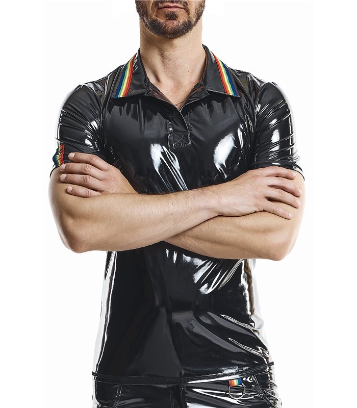 PVC Poloshirt mit Regenbogenfahne und Metallring | Regnes Fetish Planet