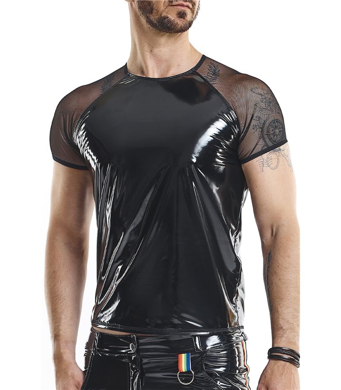 PVC Mesh T-Shirt mit Regenbogen-Patch für Herren | Regnes Fetish Planet
