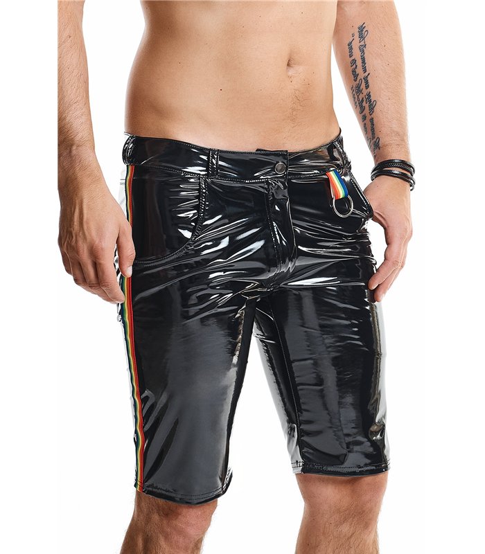 Herren Lack-Shorts mit Regenbogen-Akzent und Taschen | Regnes Fetish Planet
