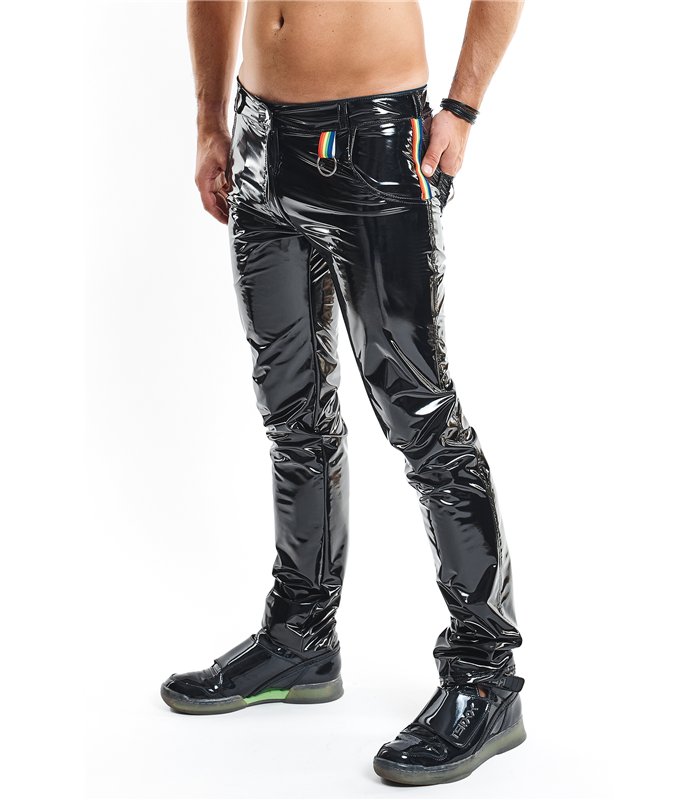 Herren Lack-Hose mit Taschen und Regenbogen-Akzent | Regnes Fetish Planet