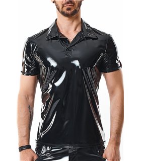 Poloshirt aus glänzendem Lack-Stoff mit vertikalen Designnähten | Regnes Fetish Planet Poloshirt aus glänzendem Lack-Stoff mit vertikalen Designnähten | Regnes Fetish Planet