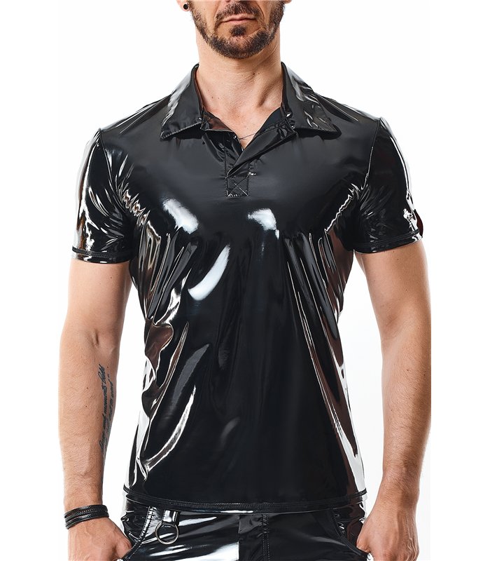 Poloshirt aus glänzendem Lack-Stoff mit vertikalen Designnähten | Regnes Fetish Planet