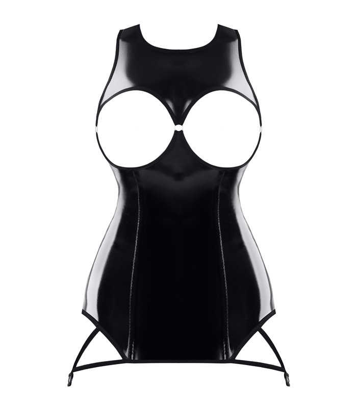 Brustfreies Lack-Minikleid mit Strumpfhalterclips | Demoniq