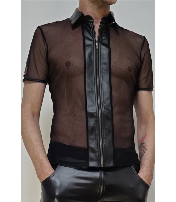 Transparentes Herren Mesh-Poloshirt mit Stehkragen | Regnes Fetish Planet